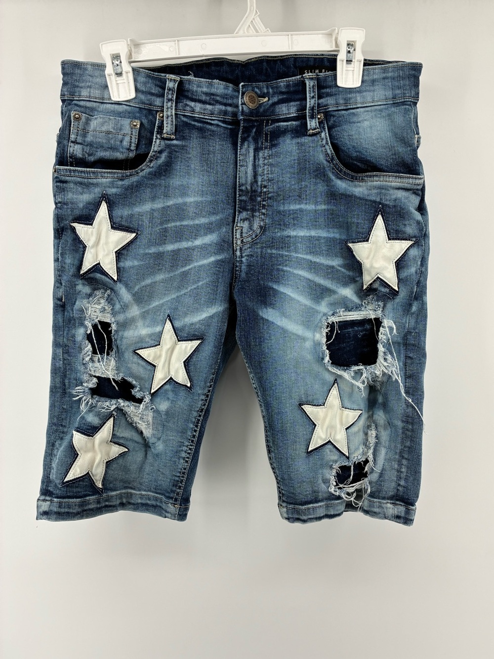 Men's Distressed Blue Denim Shorts with Star Patches